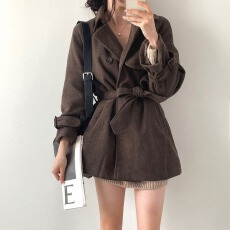 批发chic 冬季韩版英伦时尚简约翻领系带复古<b class='q'>双排扣</b>风衣毛呢外套大衣