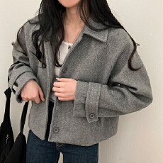 批发chic 韩系冬季复古温柔减龄翻领单排扣慵懒百搭毛呢短款夹克外套