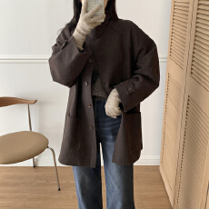 批发chic 韩版<b class='q'>冬</b>季复古简约翻领口袋单排扣英伦休闲毛呢风衣外套大衣