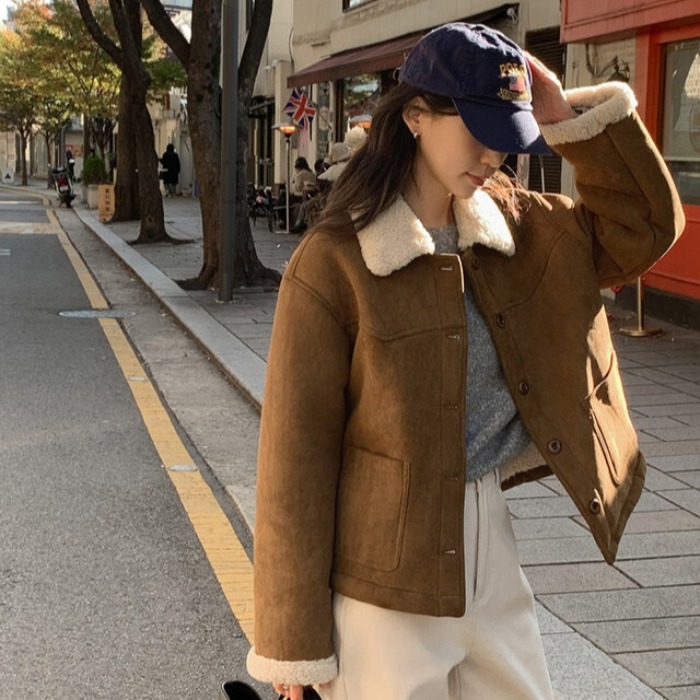 chic 한 부서 겨울 부드러운 패션 스웨이드 원단 폴로 칼라 양털 쇼트 스타일 피모 하나 재킷 재킷