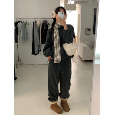 批发韩国冬季慵懒小众抓绒立领半拉链卫衣百搭束脚<b class='q'>休闲</b>长裤两件套套装