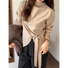 批发韩系早春法式气质温柔小众不规则设计感系带收腰立领长袖衬衫上衣