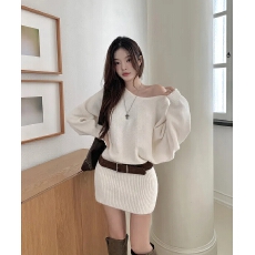 批发韩国新款法式温柔慵懒性感一字肩短裙包臀裙针织毛衣连衣裙