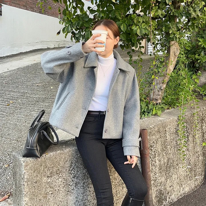 chic 한 부서 겨울 레트로 부드러운 연령 감소 폴로 칼라 싱글 줄 버튼 느긋한 다용도 모직 쇼트 스타일 재킷 재킷