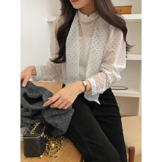 批发韩系早春法式气质优雅系带飘带设计感<b class='q'>波点</b>内搭叠穿长袖<b class='q'>衬衫</b>上衣