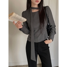 批发韩系春季法式气质飘带蝴蝶结泡泡袖优雅小众修身百搭衬衫上衣