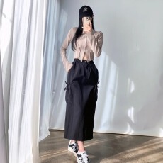 ins韩国春季复古休闲简约抽绳松紧腰后开叉口袋工装A字半身裙