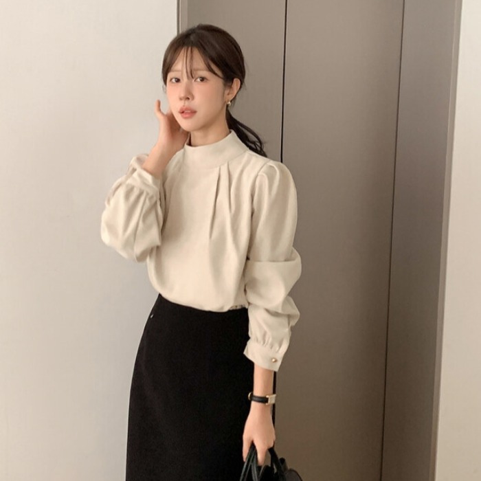 chic 한 부서 부드러운 프랑스식 우아함 품격 스탠드 칼라 작은 대중 주름 장식 디자인 센스 다용도 긴팔 셔츠 맨위