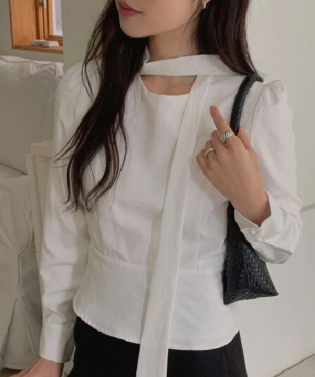 한 부서 봄 프랑스식 품격 리본 나비 매듭 거품 소매 우아함 작은 대중 몸매 가꾸기 다용도 셔츠 맨위