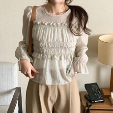 批发韩系春季法式温柔甜美木耳边皱褶<b class='q'>收腰</b>显瘦荷叶袖薄款<b class='q'>雪纺衫</b>上衣