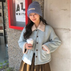 批发chic韩系冬季温柔百搭麂皮绒翻领羊羔毛短款保暖皮毛一体夹克外套