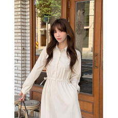 批发<b class='q'>韩国</b>春季清新气质翻领单排扣抽绳收腰休闲百搭衬衫裙连衣裙