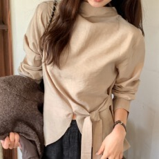 批发韩系早春法式气质温柔小众<b class='q'>不规则</b>设计感系带收腰立领长袖衬衫上衣