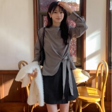 批发韩系早春法式气质温柔小众<b class='q'>不规则</b>设计感系带收腰立领长袖衬衫上衣