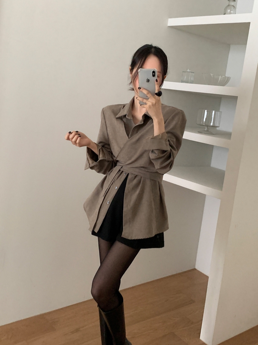 韩国春季新款复古气质小众交叉绑带假两件时尚百搭衬衫上衣