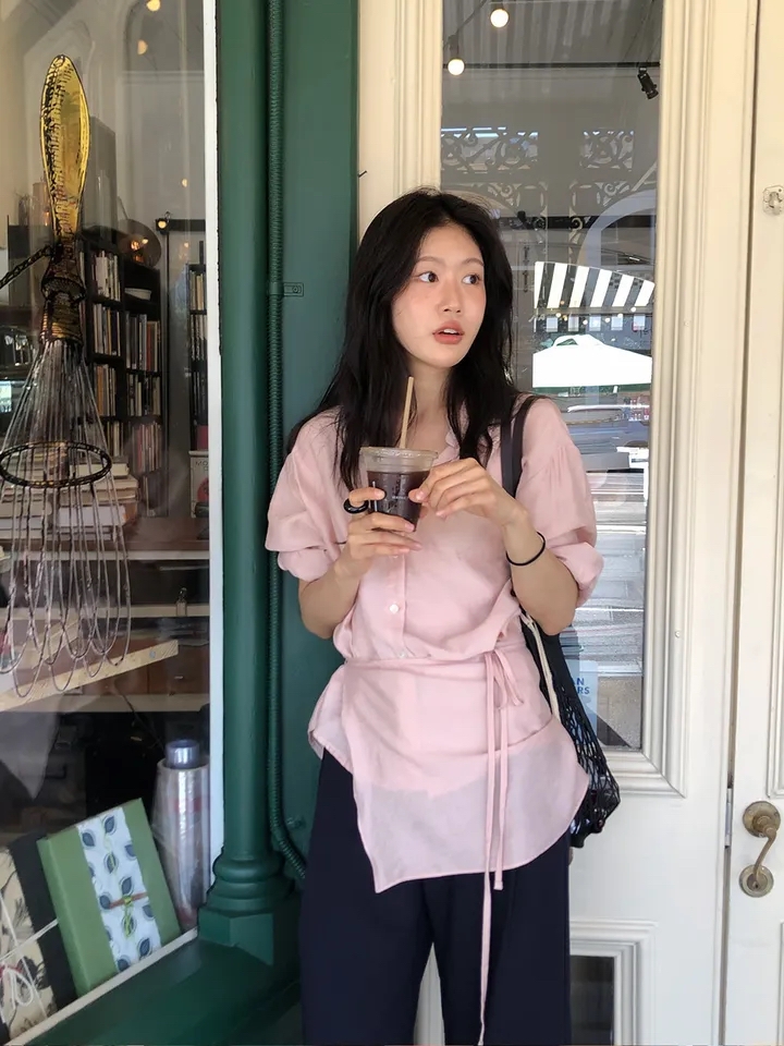 한국 봄 새로운 프랑스식 품격 부드러운 작은 대중 싱글 줄 버튼 다용도 치마 커튼 방귀 커튼 셔츠 맨위