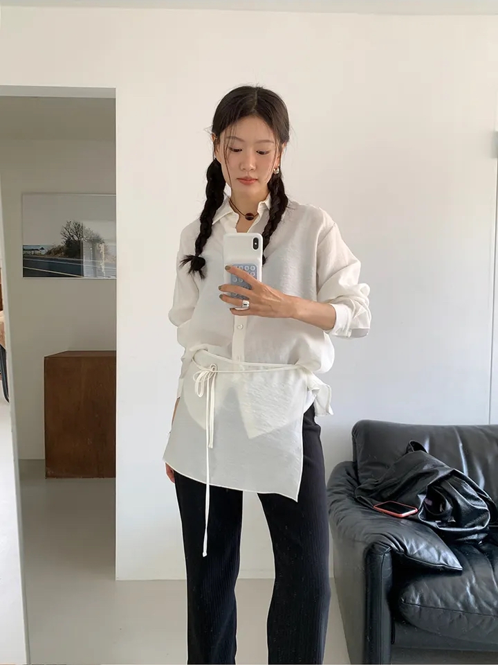 한국 봄 새로운 프랑스식 품격 부드러운 작은 대중 싱글 줄 버튼 다용도 치마 커튼 랩스커트팬츠 셔츠 맨위