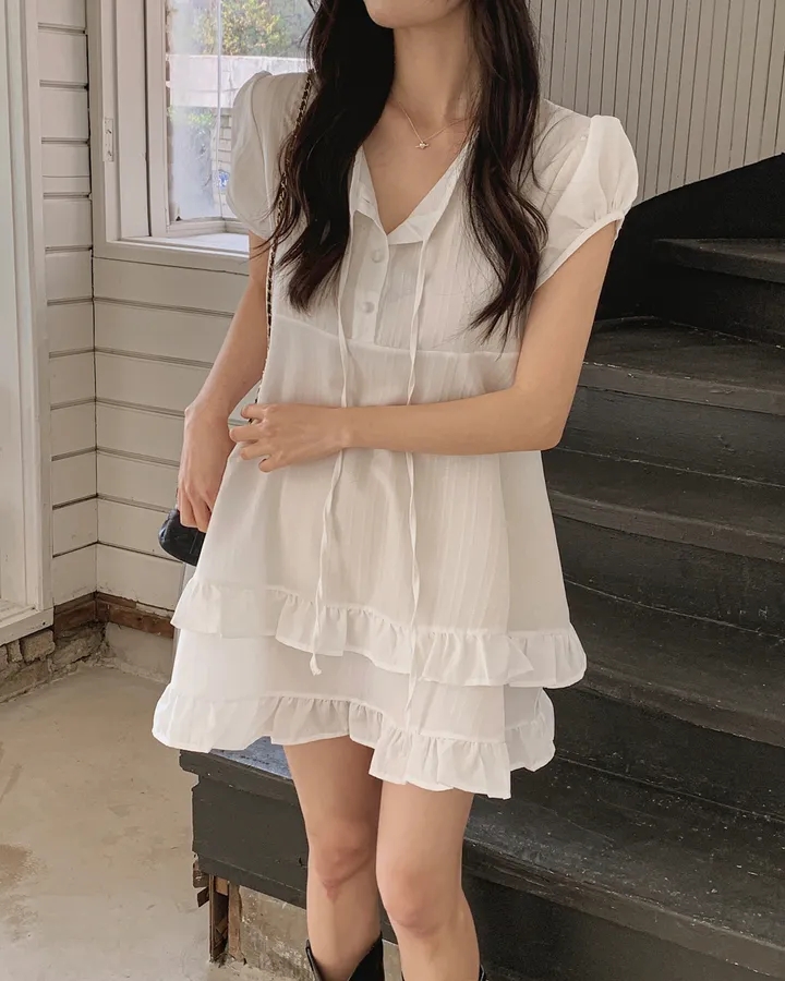 chic 한 부서 여름 부드러운 달콤함 이중층 프릴 레이스업 반 개방 칼라 작은 키 드레스