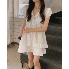 批发chic 韩系夏季温柔甜美双层<b class='q'>荷叶边</b>系带半开领小个子<b class='q'>连衣裙</b>