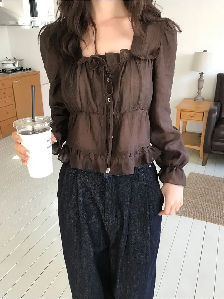 chic 한 부서 프랑스식 달콤함 연령 감소 부드러운 프릴 주름 장식 허리 수축 쉬폰 셔츠 맨위