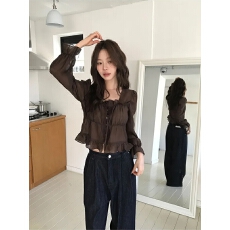 批发chic 韩系法式甜美减龄温柔木耳边皱褶收腰<b class='q'>雪纺</b>衬衫上衣