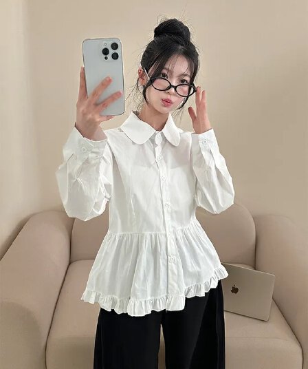 chic 한국 스타일 가을 패션 작은 대중 프릴 싱글 줄 버튼 베이비 칼라 긴팔 다용도 셔츠 맨위