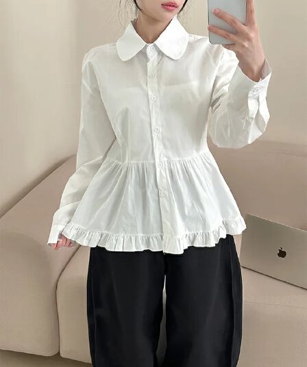 chic 한국 스타일 봄 패션 작은 대중 프릴 싱글 줄 버튼 베이비 칼라 긴팔 다용도 셔츠 맨위