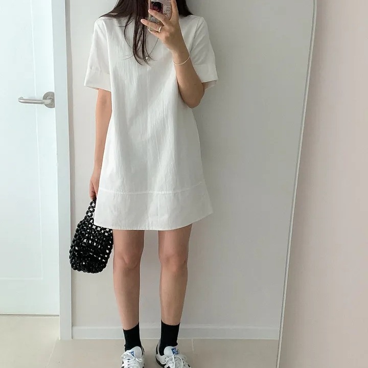 chic 한국 여름 프랑스식 품격 미니멀리즘 캐주얼 다용도 라운드 넥 반팔 드레스