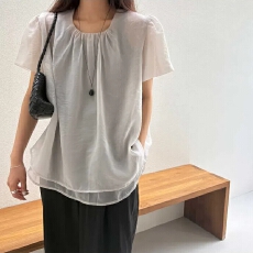 批发chic 韩系<b class='q'>夏季</b>法式小众双层后背开叉设计感泡泡袖<b class='q'>雪纺衫</b>上衣