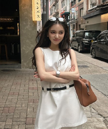 ins 한국 여름 레트로 개성 미니멀리즘 작은 대중 라운드 넥 민소매 조끼 맨위 미니 스커트 벨트 포함