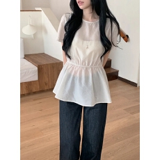 批发chic 韩系夏季休闲简约温柔松紧收腰短袖百搭<b class='q'>雪纺</b>衬衫上衣