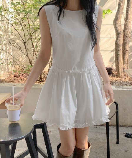 chic 한 부서 여름 프랑스식 달콤함 미니멀리즘 프릴 캐주얼 휴가 민소매 조끼 스커트 미니 스커트 드레스