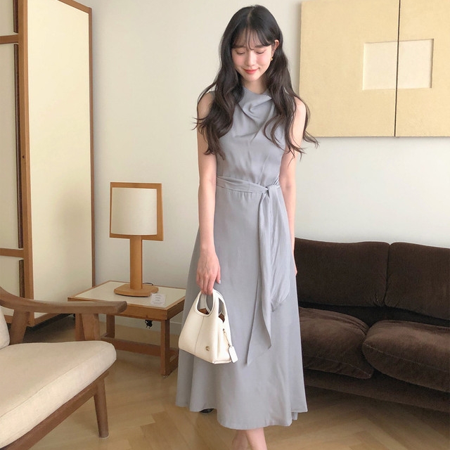 chic 한국 여름 부드러운 프랑스식 작은 대중 빛 럭셔리 미니멀리즘 레이스업 허리 수축 민소매 조끼 원피스