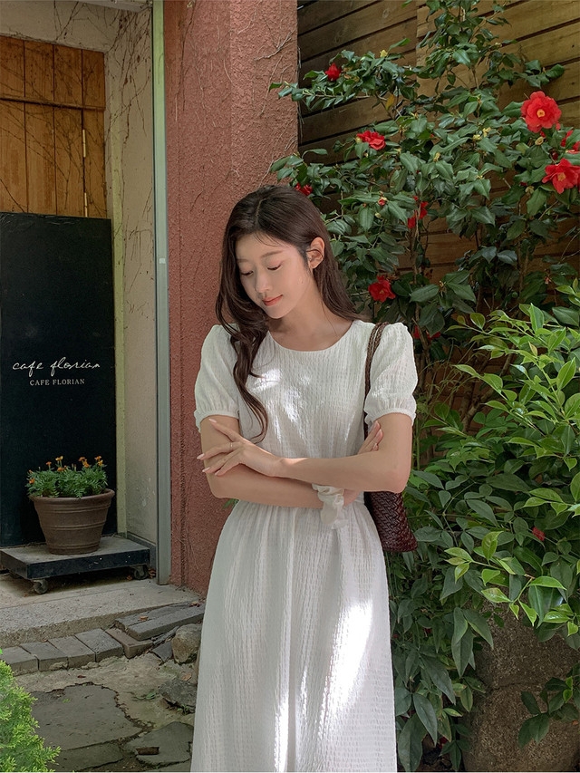 chic 새로운 한 부서 여름 프랑스식 부드러운 질감 곡물 허리 수축 슬림해 보이는 거품 소매 캐주얼 휴가 드레스