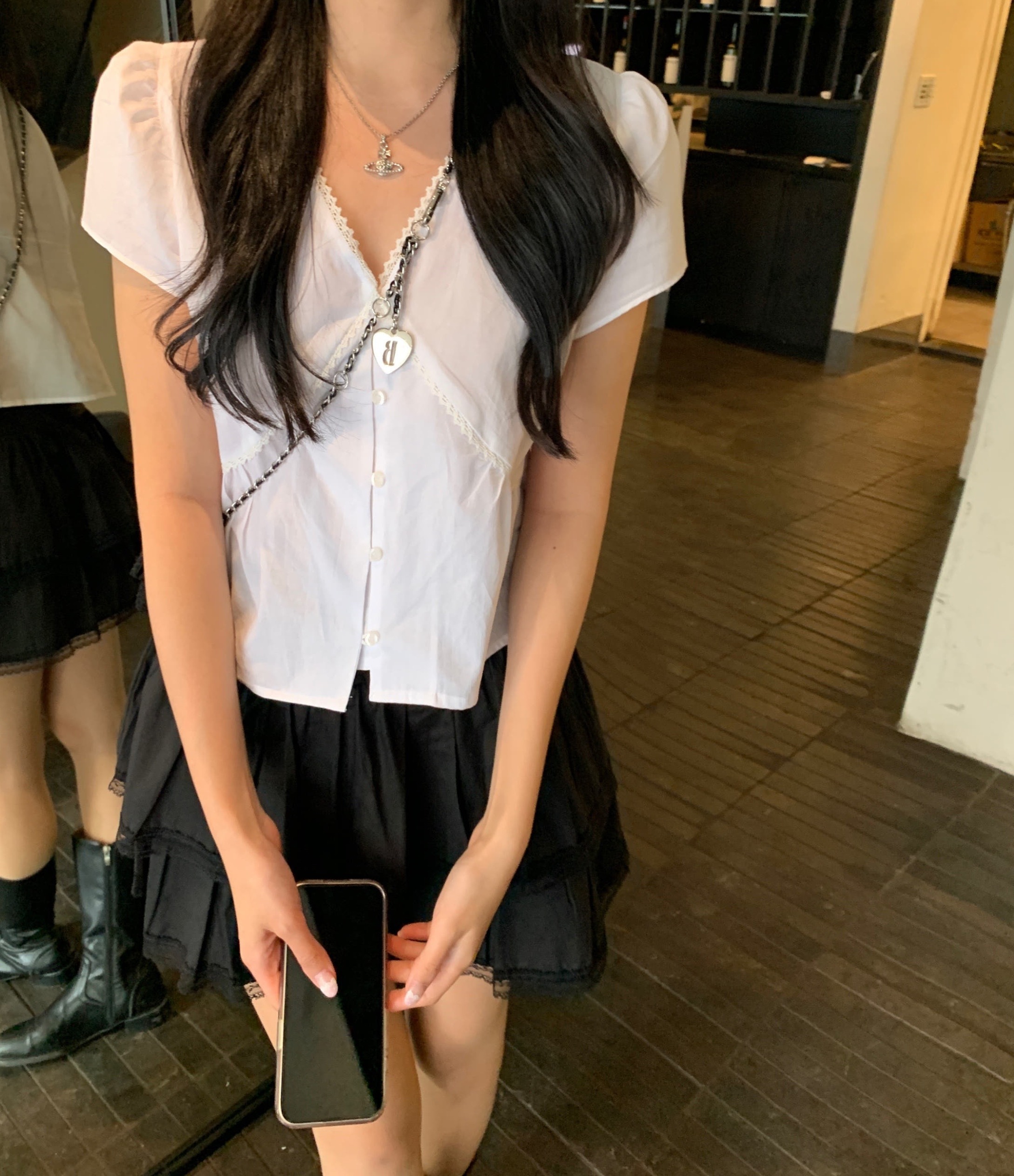 chic 한 부서 여름 달콤함 연령 감소 레이스 레이스 V넥 싱글 줄 버튼 거품 소매 다용도 셔츠 맨위