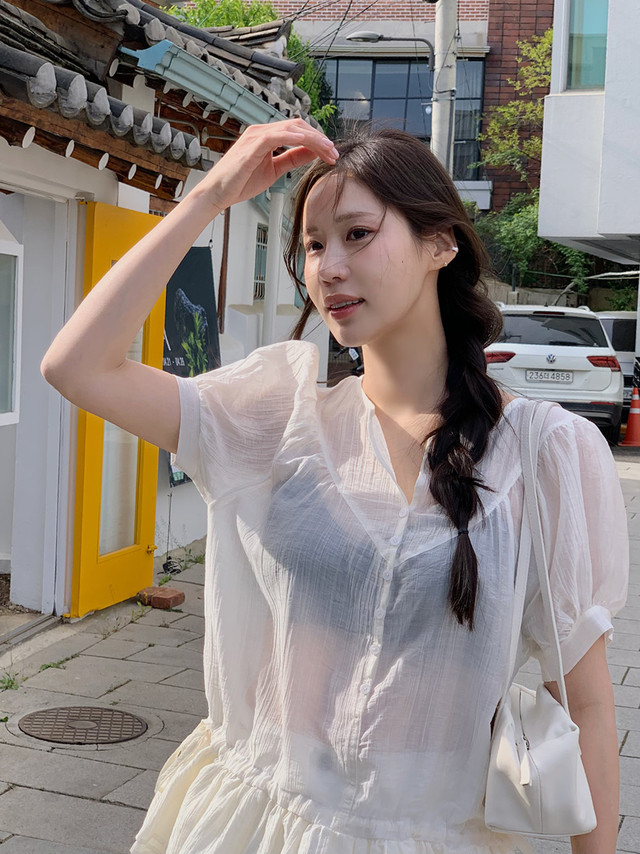 chic 한 부서 여름 부드러운 달콤함 하이웨이스트 펌프 로프 거품 소매 이중층 쇼트 스타일 드레스