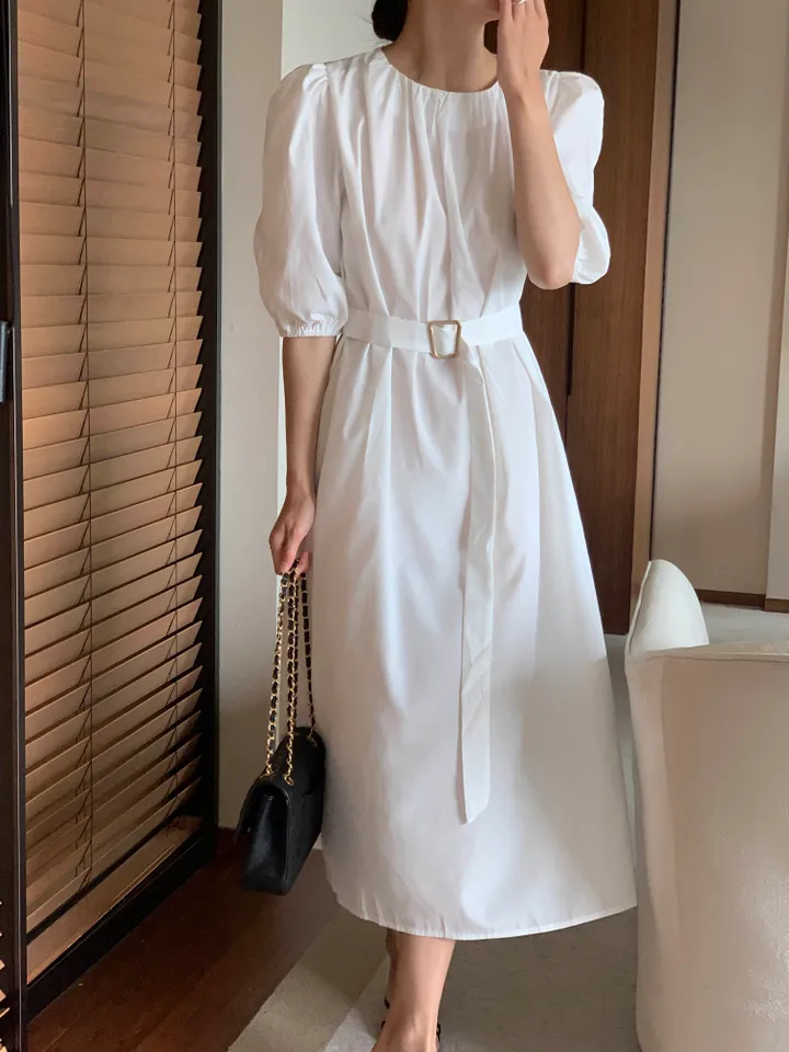 chic 한국 여름 프랑스식 레트로 주름 장식 라운드 넥 레이스업 허리 수축 거품 소매 루즈핏 캐주얼 휴가 드레스