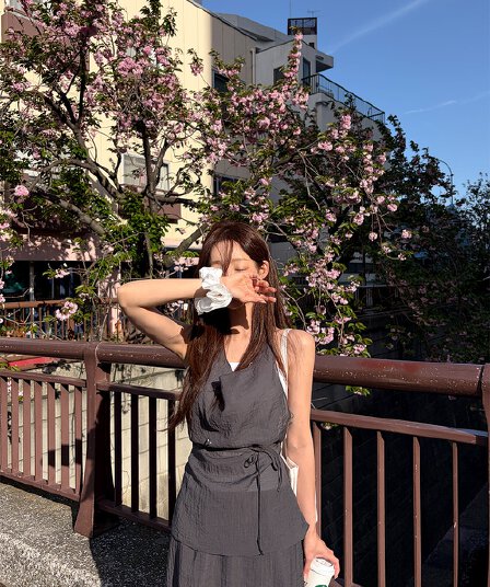 chic 한국 새로운 레트로 품격 행침 목 조끼 코디 반신 스커트 캐주얼 휴가 바람 투피스 세트 세트