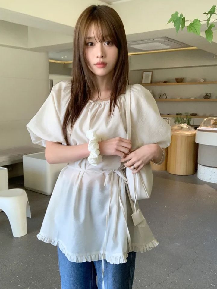 chic 한국 여름 프랑스식 미니멀리즘 프릴 주름 장식 거품 소매 루즈핏 레이스업 슬림해 보이는 다용도 셔츠 맨위