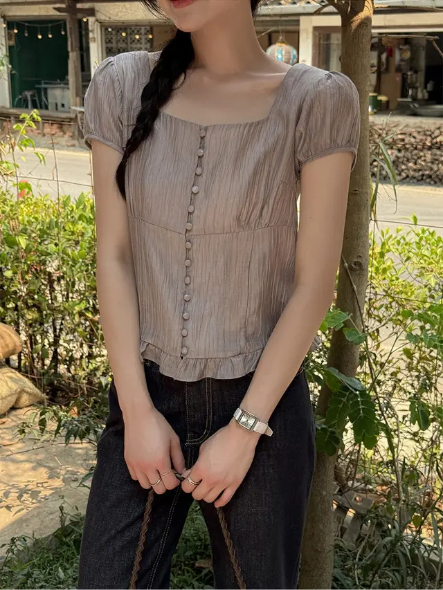 스퀘어 넥 러플 단추 반소매 셔츠 상세 이미지 9