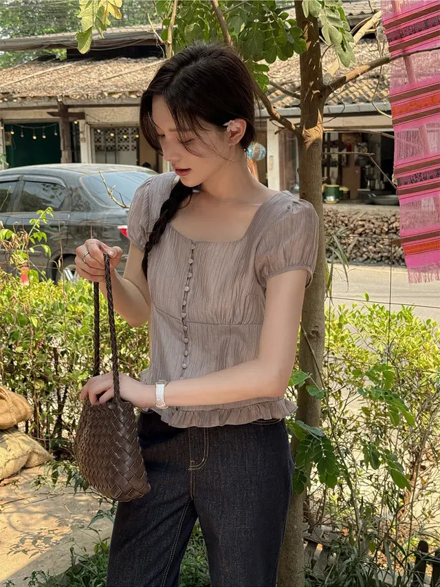 스퀘어 넥 러플 단추 반소매 셔츠 상세 이미지 10