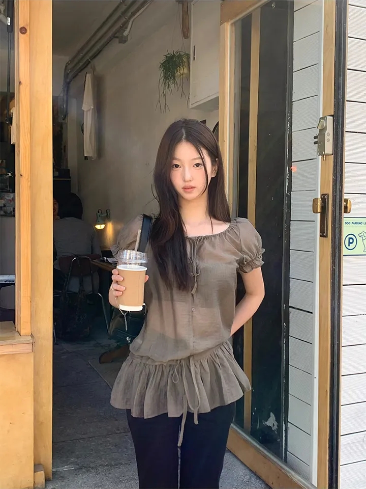 chic 한 부서 여름 부드러운 달콤함 레이스업 허리 수축 거품 소매 스택 착용 다용도 셔츠 쇼트 스타일 드레스