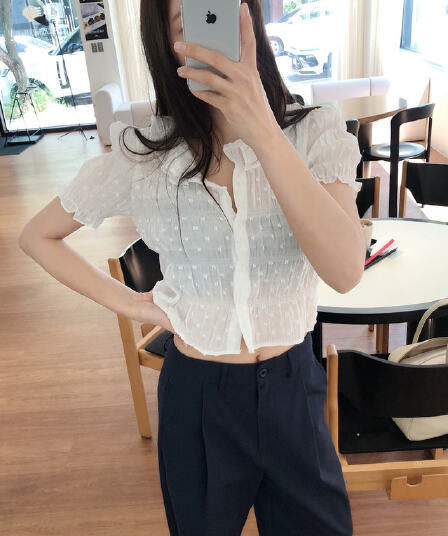 chic 한국 여름 새로운 프랑스식 품격 자카드 주름 장식 달콤함 순수한 욕망 얇은 스타일 쉬폰 셔츠 맨위