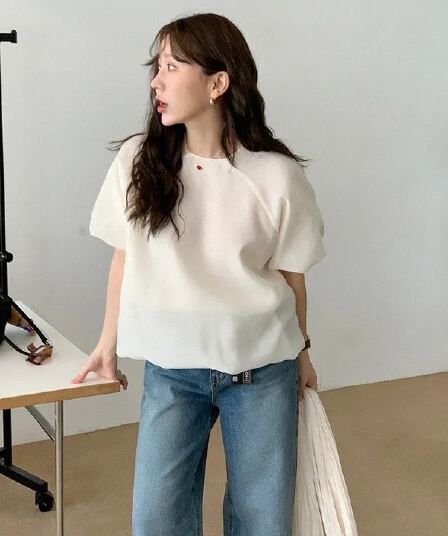 chic 한 부서 여름 부드러운 품격 미니멀리즘 작은 대중 거품 소매 루즈핏 슬림해 보이는 거품 소매 꽃밭 셔츠 맨위
