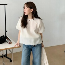 chic 韩系夏季温柔气质简约小众泡泡袖宽松显瘦泡泡袖花苞衫上衣