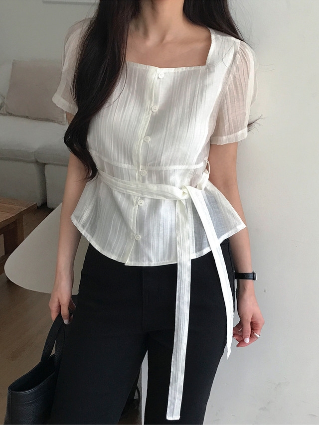 chic 한 부서 여름 프랑스식 품격 광장 칼라 주름 장식 마이크로 ~을 통해 레이스업 허리 수축 거품 소매 다용도 셔츠 맨위