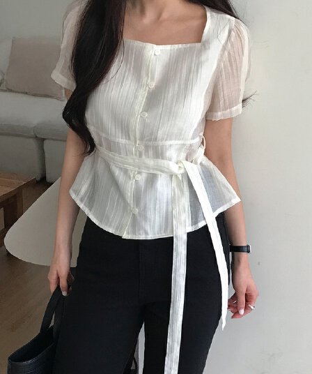 chic 한 부서 여름 프랑스식 품격 광장 칼라 주름 장식 마이크로 ~을 통해 레이스업 허리 수축 거품 소매 다용도 셔츠 맨위