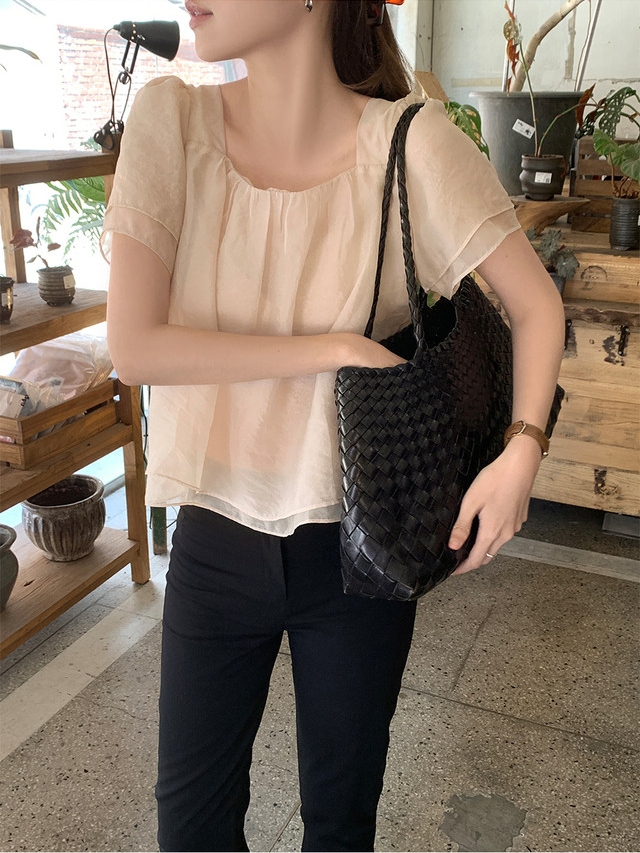 chic 한 부서 여름 프랑스식 부드러운 광장 칼라 패션 이중층 디자인 센스 얇은 스타일 루즈핏 다용도 쉬폰 톱