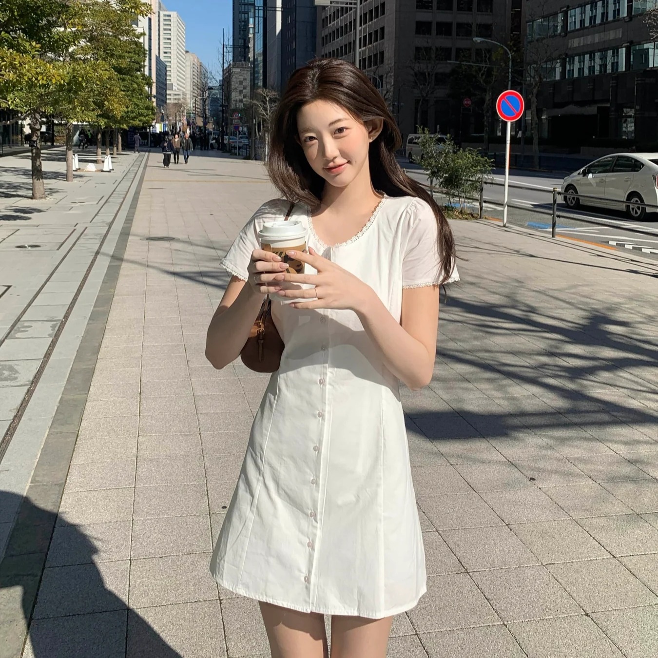chic 한국 여름 새로운 레트로 품격 달콤함 레이스 레이스 반팔 싱글 줄 버튼 한 마디 드레스