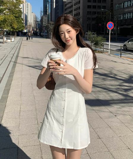 chic 한국 여름 새로운 레트로 품격 달콤함 레이스 레이스 반팔 싱글 줄 버튼 한 마디 드레스